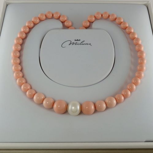 Collier MILUNA, aggloméré de corail rose, perle blanche naturelle, argent 925