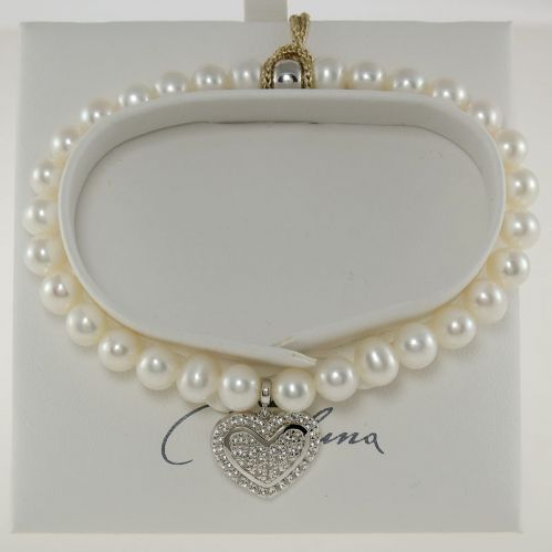 Bracelet MILUNA, perles LR 5.5-6 mm, Coeur avec topazes blanches, Argent 925