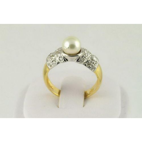 Anello con PERLA AKOYA - Oro Giallo e bianco - N° 24 DIAMANTI TAGLIO BRILLANTE