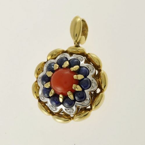 121 Pendant in 18 Kt Yellow and White Gold with Diamonds, Sapphires and Coral