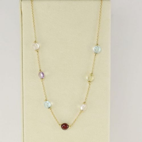 750 Yellow Gold necklace with natural gems: carnelian, topaz, quartz, amethyst