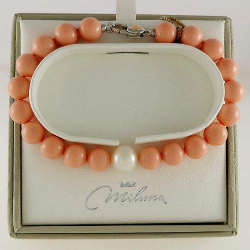 Pulsera MILUNA - Esferas en coral rosa aglomerado y perla, plata 925