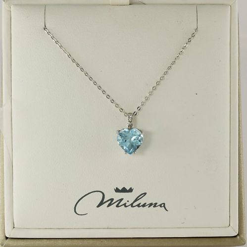 MILUNA necklace, heart-shaped natural blue topaz + diamonds, 750 white gold