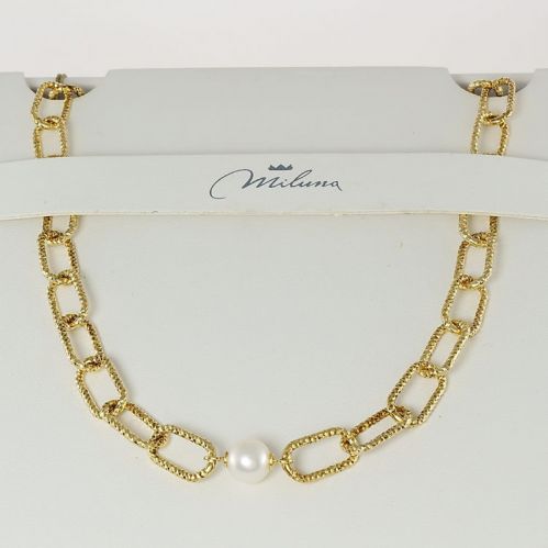 Collar MILUNA, con perla central, plata 925 rodiada en oro amarillo